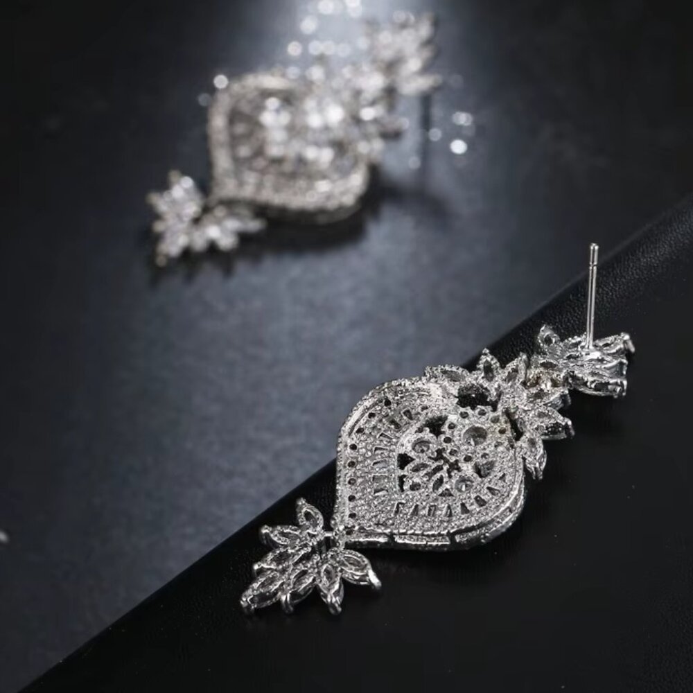 Platinum Plated Flower Pendant Drop Earrings With Shining CZ - Picture 3 of 6